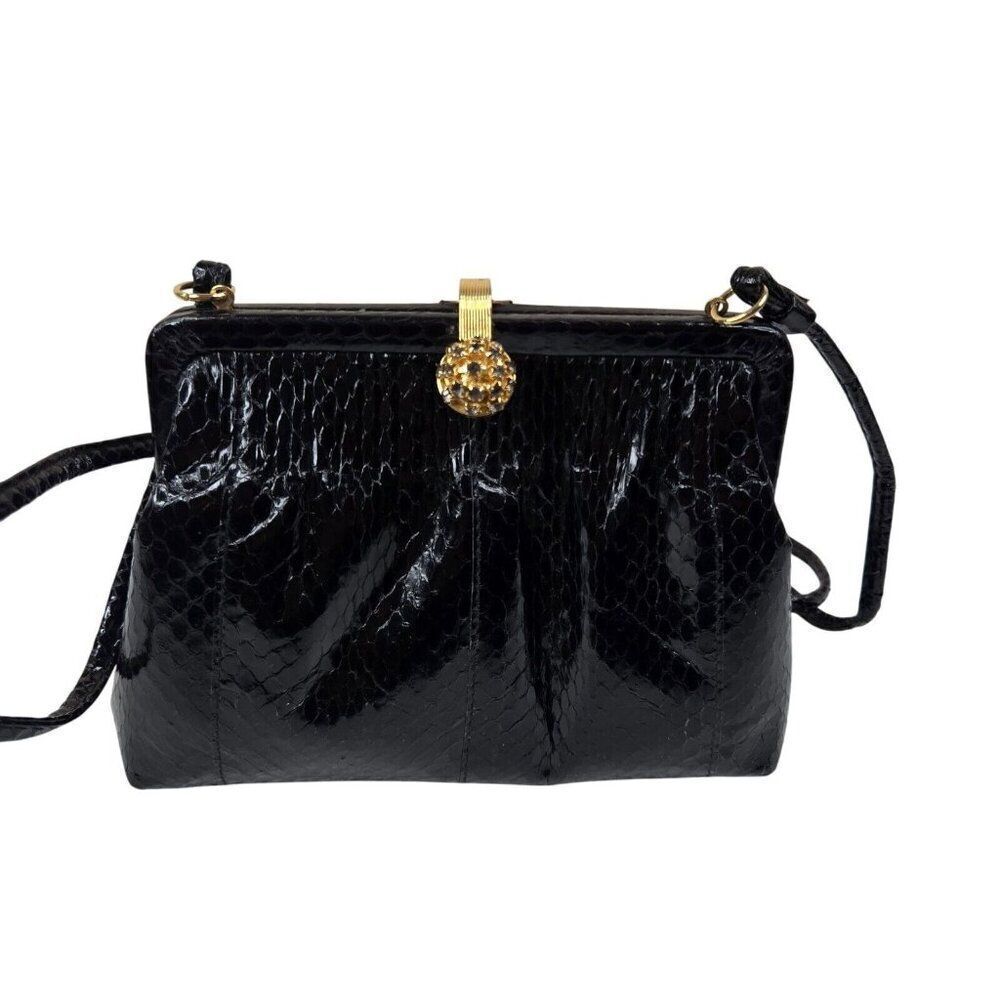 Vintage 60s Marlene Gaines Black Eel Leather Purse Gold Clasp Shoulder Strap